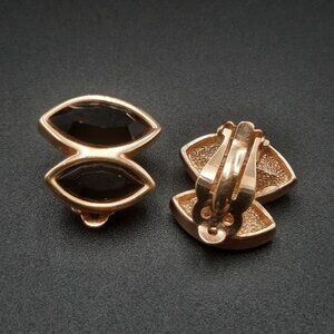Vintage Swarovski Clip Earrings Signed S.A.L Black Marquise Crystals Gold Tone